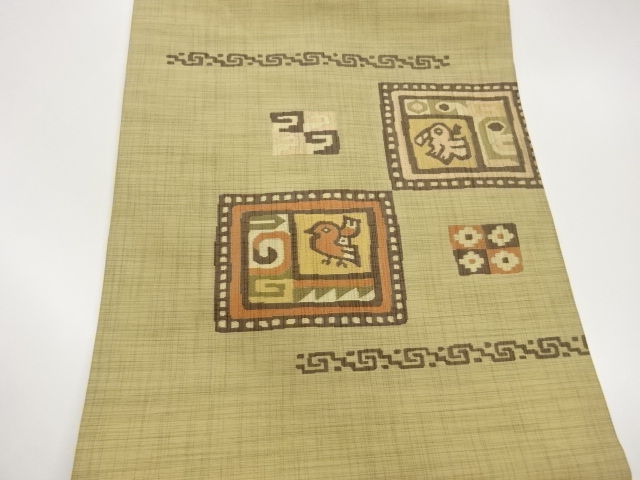  色紙に抽象花鳥模様織出し名古屋帯